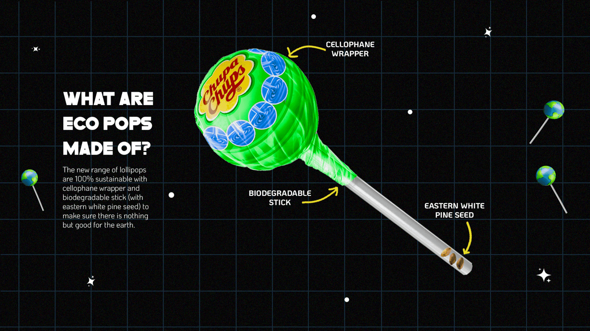 Explanation of what Eco Pops are made of, showing a bio-degradable stick with eastern white pine seeds in it